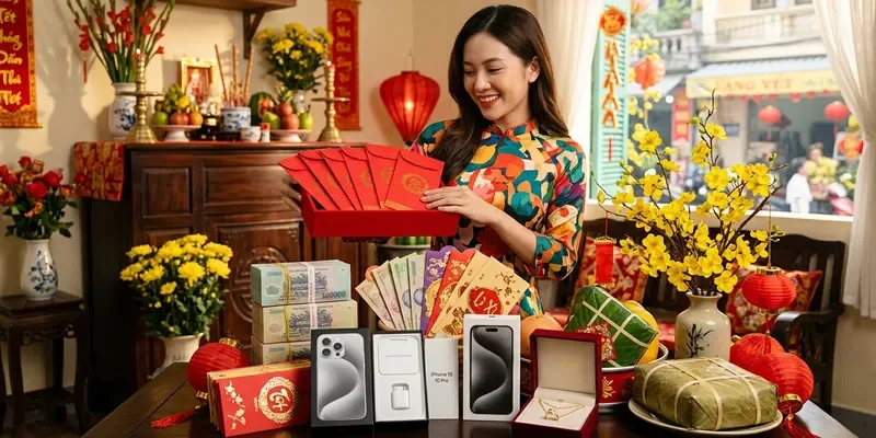 Minh họa các phần quà hiện vật và tiền thưởng ngày Tết